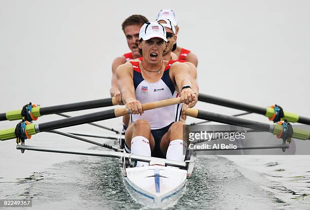 Karel Neffe and his team of Czech Republic compete in the Men's Four Repechage 1 at the Shunyi Olympic Rowing-Canoeing Park on Day 3 of the Beijing...