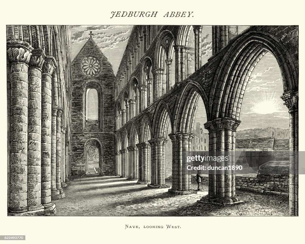 Jedburgh Abbey, Nave op zoek west, Schotland, 19e eeuw
