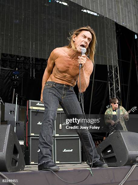 Iggy Pop of The Stooges performs during the 2008 Virgin Mobile festival at the Pimlico Race Course on August 10, 2008 in Baltimore, Maryland.