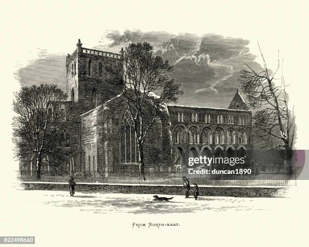 jedburgh abbey, from north east, scotland, 19th century - jedburgh abbey stock illustrations