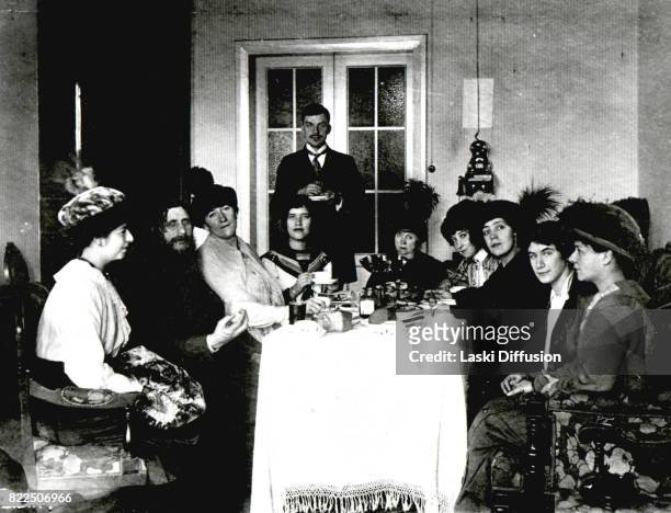 Circa 1910: Russian mystic Grigori Rasputin and his admirers in his flat on 64, Gorokhovaya street. Saint Petersburg, Russia, circa 1915.