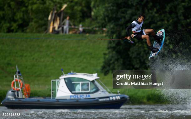 Shota Tezuka of Japan competes during the Wakeboard Freestyle Men's Quarterfinal of The World Games at Old Odra River on July 25, 2017 in Wroclaw,...