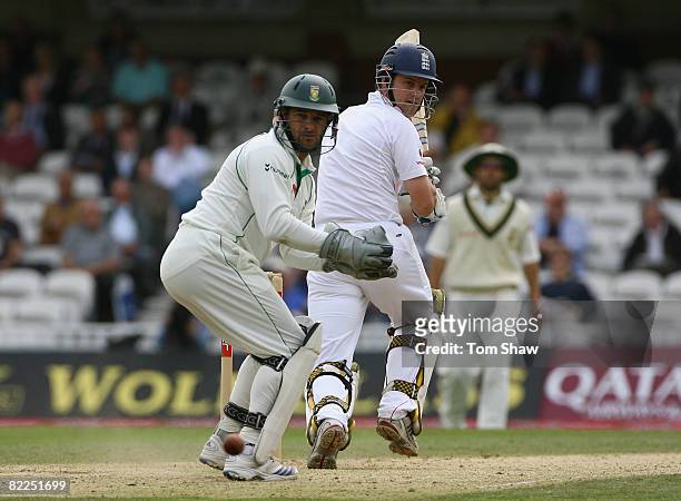 Andrew Strauss of England hits out during day 5 of the 4th Npower Test Match between England and South Africa at the Oval on August 11 2008 in...