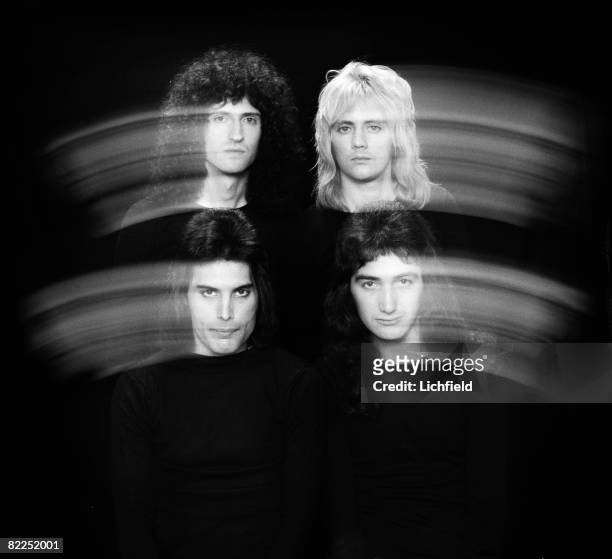 British rock band Queen, photographed in the Studio on 28th October 1976. Clockwise from top right, Roger Taylor, John Deacon, Freddie Mercury and...