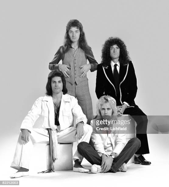 British rock band Queen, photographed in the Studio on 28th October 1976. Clockwise from top left John Deacon, Brian May, Roger Taylor and Freddie...