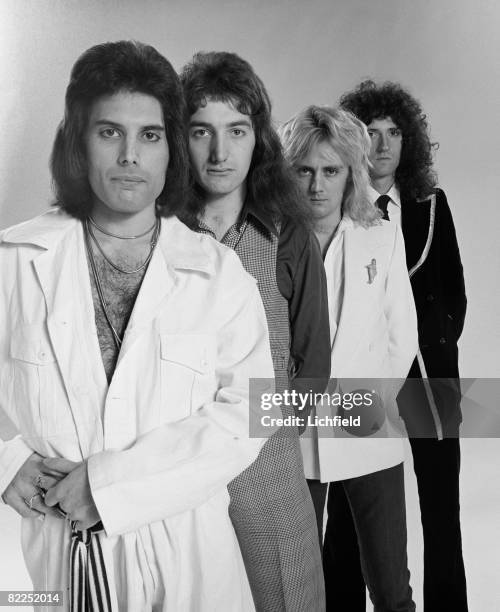 British rock band Queen, photographed in the Studio on 28th October 1976. From the front) Freddie Mercury, John Deacon, Roger Taylor and Brian May. .