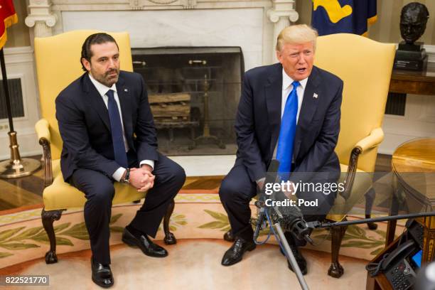 President Donald Trump speaks during a bi-lateral meeting with Saad Hariri, Prime Minister of Lebanon, in the Oval Office at the White House on July...