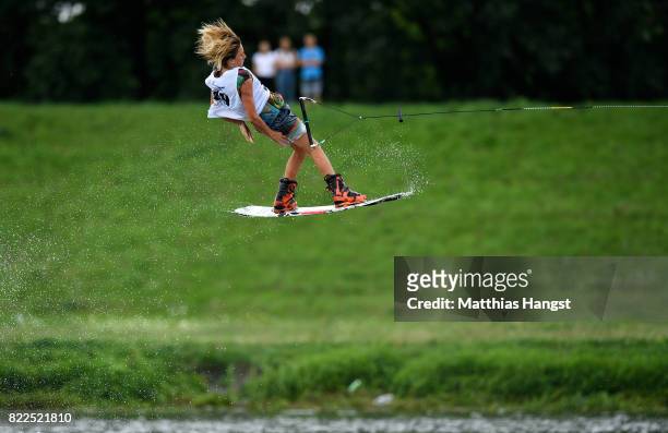 Jamie Huser of Switzerland competes during the Wakeboard Freestyle Men's Quarterfinal of The World Games at Old Odra River on July 25, 2017 in...
