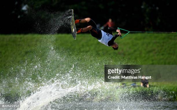 David O'Caoimh of Ireland competes during the Wakeboard Freestyle Men's Quarterfinal of The World Games at Old Odra River on July 25, 2017 in...