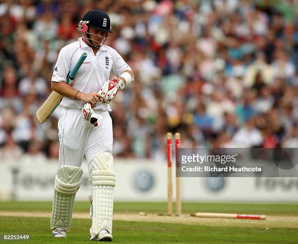 Ian Bell of England is bowled out by Makhaya Ntini during the final day of the 4th npower Test Match between England and South Africa at The Brit...