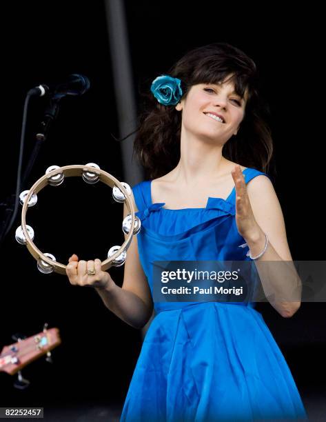 Zooey Deschanel of She and Him performs during the 2008 Virgin Mobile festival at the Pimlico Race Course on August 10, 2008 in Baltimore, Maryland.