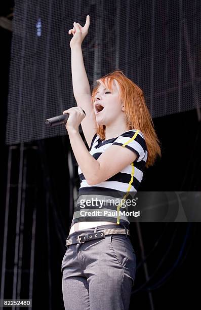 Hayley Williams, lead singer of Paramore, performs during the 2008 Virgin Mobile festival at the Pimlico Race Course on August 10, 2008 in Baltimore,...