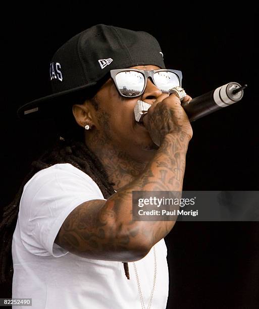 Lil' Wayne performs during the 2008 Virgin Mobile festival at the Pimlico Race Course on August 10, 2008 in Baltimore, Maryland.