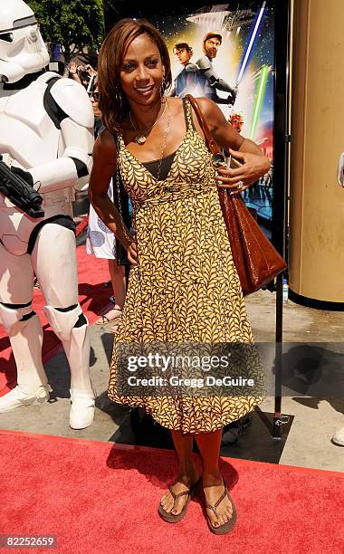 Actress Holly Robinson Peete arrives at the U.S. Premiere Of "Star Wars: The Clone Wars" at the Egyptian Theatre on August 10, 2008 in Hollywood,...