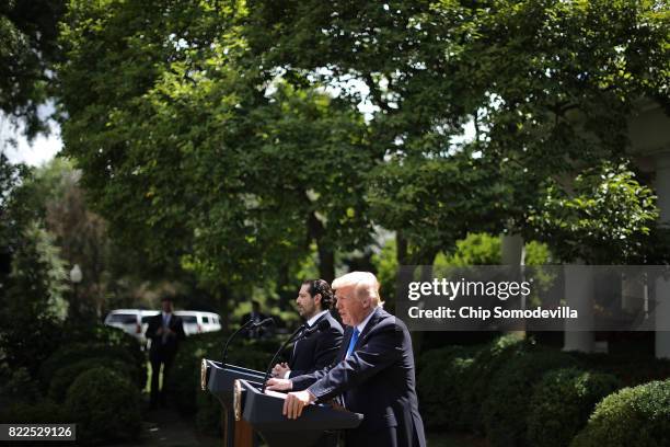 President Donald Trump and Lebanese Prime Minister Saad Hariri hold a joint news conference in the Rose Garden at the White House July 25, 2017 in...