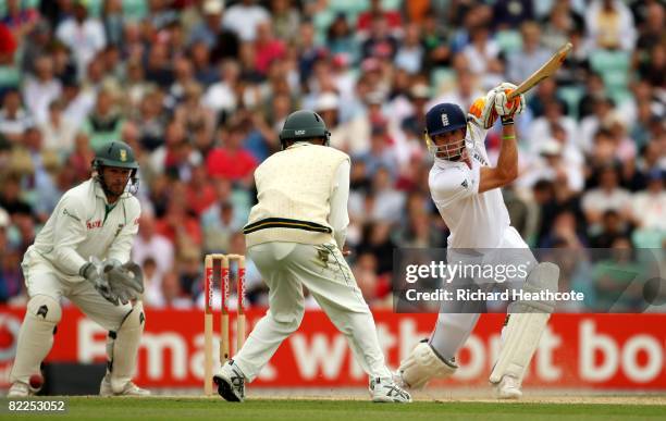 Kevin Pietersen of England hits out during the final day of the 4th npower Test Match between England and South Africa at The Brit Oval on August 11,...