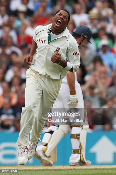 Makhaya Ntini of South Africa celebrates the wicket of Ian Bell of England during day five of the 4th npower Test Match between England and South...