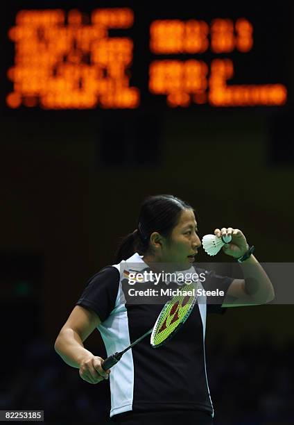 Huaiwen Xu of Germany competes in the women's badminton singles event at the Beijing University of Technology Gymnasium on Day 3 of the Beijing 2008...