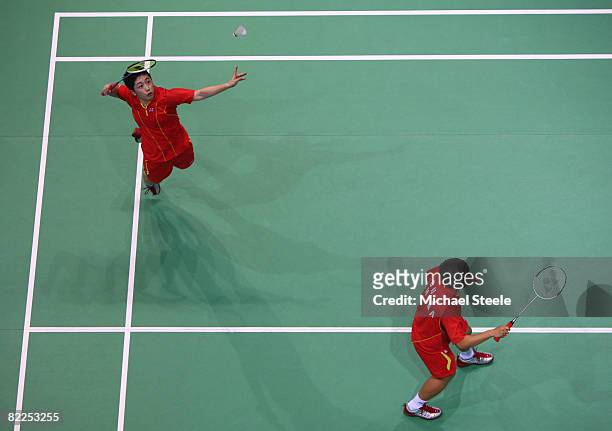 Yu Yang and Du Jing of China competes in their women's doubles quarterfinal match badminton event at the Beijing University of Technology Gymnasium...