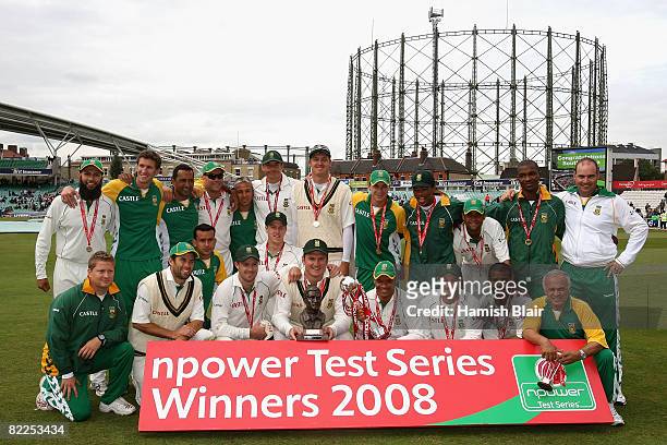 The South African team celebrate with the trophy after winning the series 2 - 1 during day five of the 4th npower Test Match between England and...