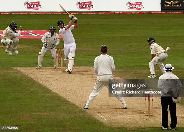 Andrew Flintoff of England smashes a six to win the Test match during the final day of the 4th npower Test Match between England and South Africa at...