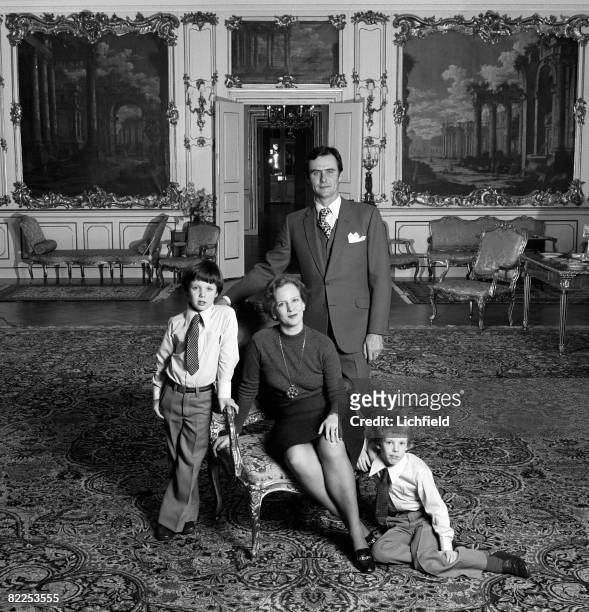 Queen Margarethe of Denmark and HRH Prince Henrik, the Prince Consort, in the Grand Saloon at Fredensborg Palace with their sons HRH Prince Frederik...
