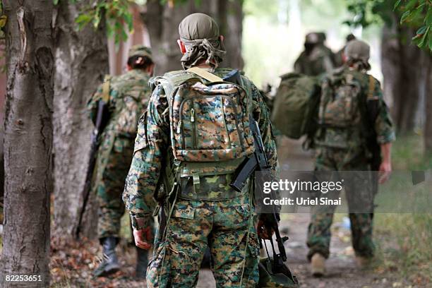 Georgian troops on the road between Tskinvali and Gori, 20 km from the South Ossetian border on August 2008 near Gori, Georgia. After calling a...