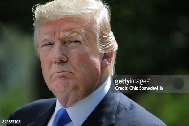 President Donald Trump holds a joint news conference with Lebanese Prime Minister Saad Hariri in the Rose Garden at the White House July 25, 2017 in...