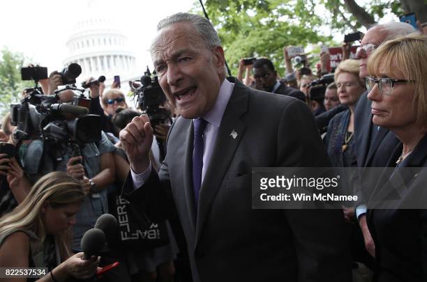 Senate Minority Leader Chuck Schumer speaks during a press conference after Republicans successfully passed a key procedural vote in the U.S. Senate...