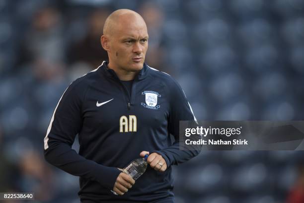 Alex Neil manager of Preston looks on during the pre season friendly match between Preston North End and Burnley at Deepdale on July 25, 2017 in...