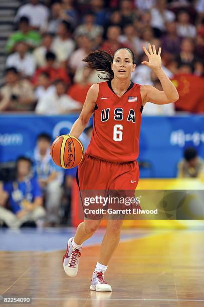 Sue Bird of the U.S. Women's Senior National Team calls out a play against China during day 3 of the women's preliminary basketball game at the 2008...