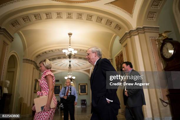 Senate Majority Leader Mitch McConnnell leaves his office and walks to the Senate floor, on Capitol Hill, July 25, 2017 in Washington, DC. The Senate...