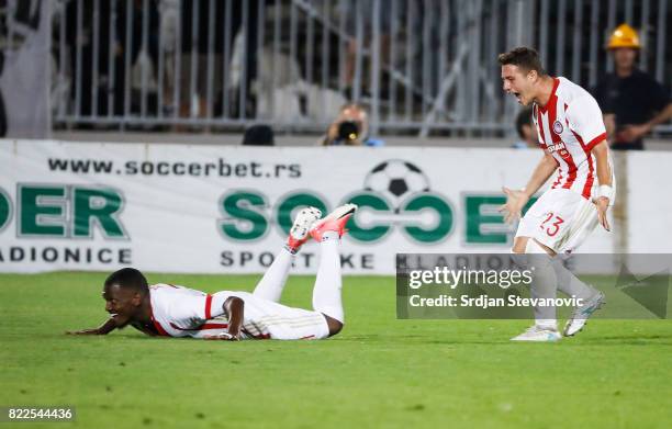 El Fardou Ben Nabouhane of Olympiacos celebrate scoring the goal with Leonardo Koutris during the UEFA Champions League Qualifying match between FC...