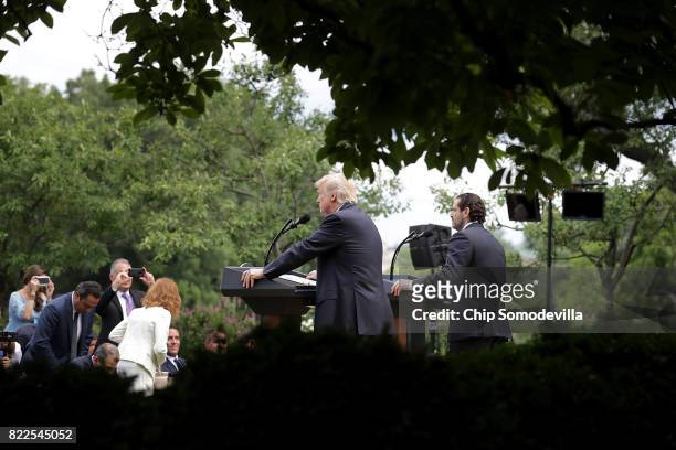 President Donald Trump and Lebanese Prime Minister Saad Hariri hold a joint news conference in the Rose Garden at the White House July 25, 2017 in...