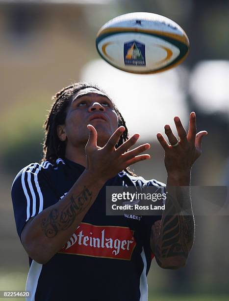 Rodney So'oialo in action during a New Zealand All Black training session at Bishops School on August 11, 2008 in Cape Town, South Africa.