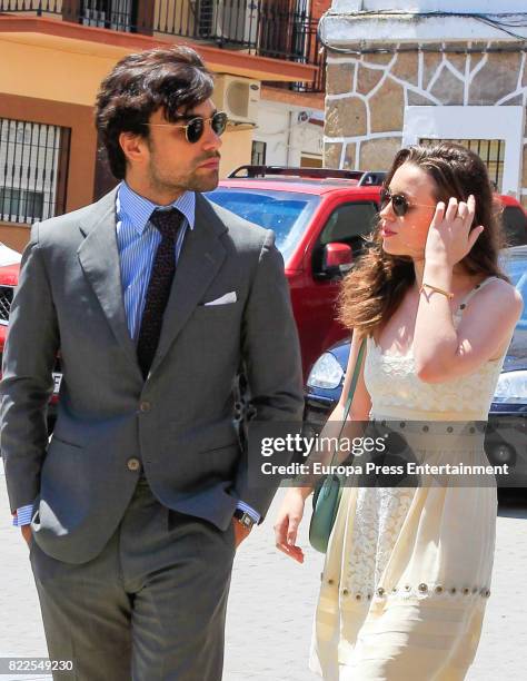 Diego Osorio and Jordan Joy Hewson attend the First Communion of Diego Osorio's nephew on July 3, 2017 in Caceres, Spain.