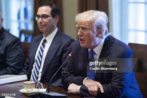 President Donald Trump speaks during a bi-lateral meeting with Saad Hariri, Lebanon's prime minister, not pictured, at the White House in Washington,...