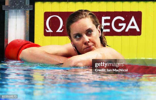 Femkr Heemskerk of Netherlands reacts during the Women's 200m Freestyle semi finals during day twelve of the FINA World Championships at the Duna...