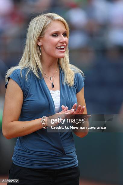 Reporter Heidi Watney talks into a camera prior to action against the Kansas City Royals on August 5, 2008 at Kauffman Stadium in Kansas City,...