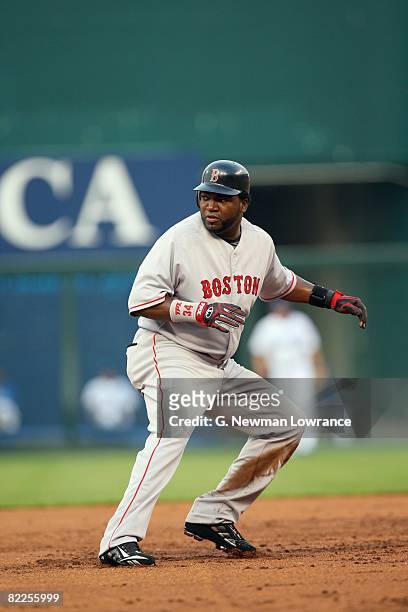 David Ortiz of the Boston Red Sox leads off second during the game against the Kansas City Royals on August 5, 2008 at Kauffman Stadium in Kansas...