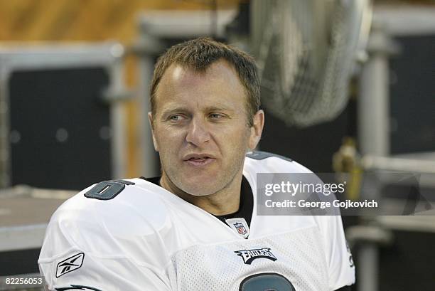 Punter Sav Rocca of the Philadelphia Eagles looks on from the sideline during a preseason game against the Pittsburgh Steelers at Heinz Field on...