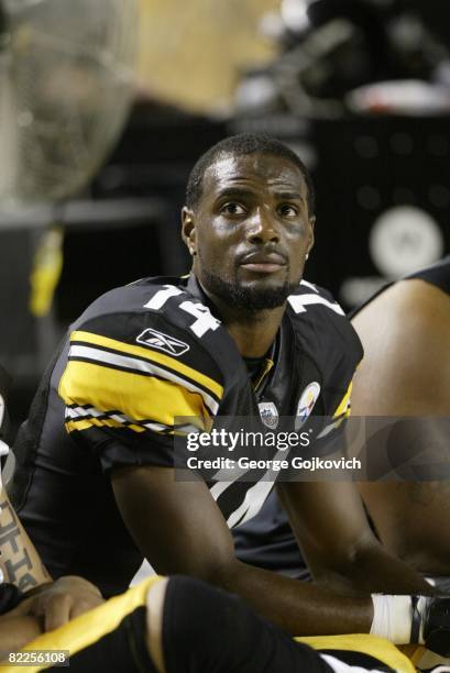 Wide receiver Limas Sweed of the Pittsburgh Steelers looks on from the sideline during a preseason game against the Philadelphia Eagles at Heinz...