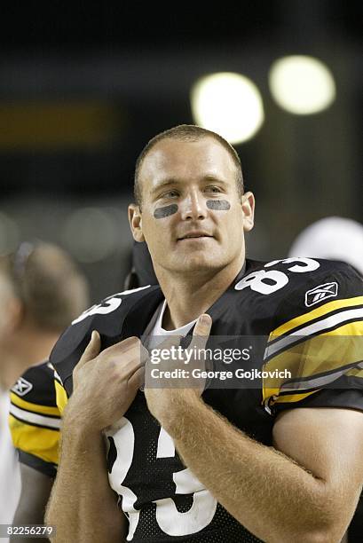 Tight end Heath Miller of the Pittsburgh Steelers looks on from the sideline during a preseason game against the Philadelphia Eagles at Heinz Field...