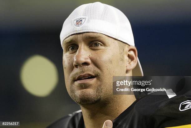 Quarterback Ben Roethlisberger of the Pittsburgh Steelers looks on from the sideline during a preseason game against the Philadelphia Eagles at Heinz...