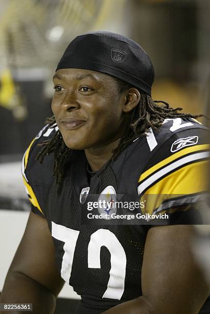 Offensive lineman Darnell Stapleton of the Pittsburgh Steelers smiles as he looks on from the sideline during a preseason game against the...