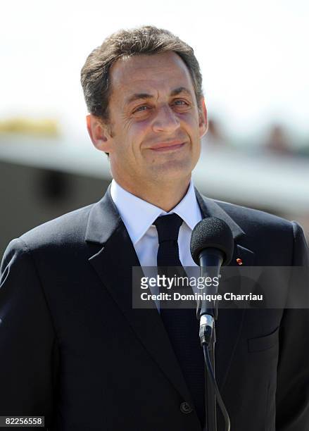 French President Nicolas Sarkozy at the arrival of freed hostage Ingrid Betancourt at the military base of Villacoublay on July 4, 2008 in Velizy...