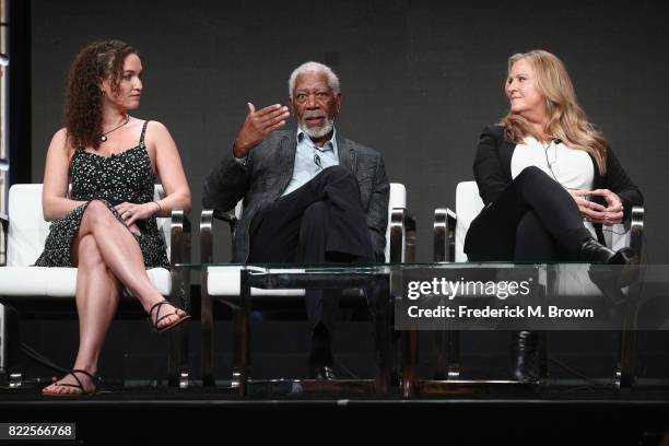 Former Westboro Baptist Church Member Megan Phelps-Roper, host/executive producer Morgan Freeman and executive producer Lori McCreary of 'The Story...