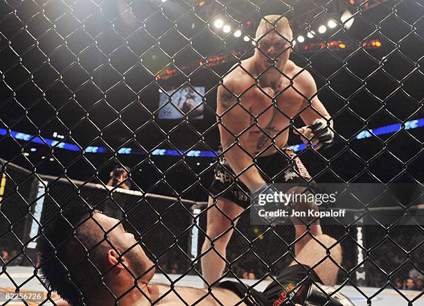 Fighters Heath Herring fighting Brock Lesnar during the UFC 87: Seek and Destroy at the Target Center on August 9, 2008 in Minneapolis, Minnesota.
