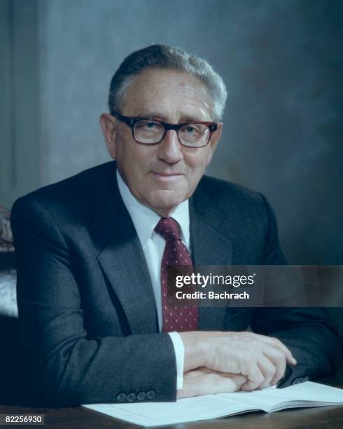 Seated portrait of the German-born American diplomat Henry Kissinger, former Secretary of State under the Nixon administration and winner of the 1973...