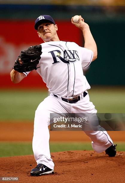 Starting pitcher Scott Kazmir of the Tampa Bay Rays pitches against the Cleveland Indians during the game on August 6, 2008 at Tropicana Field in St....